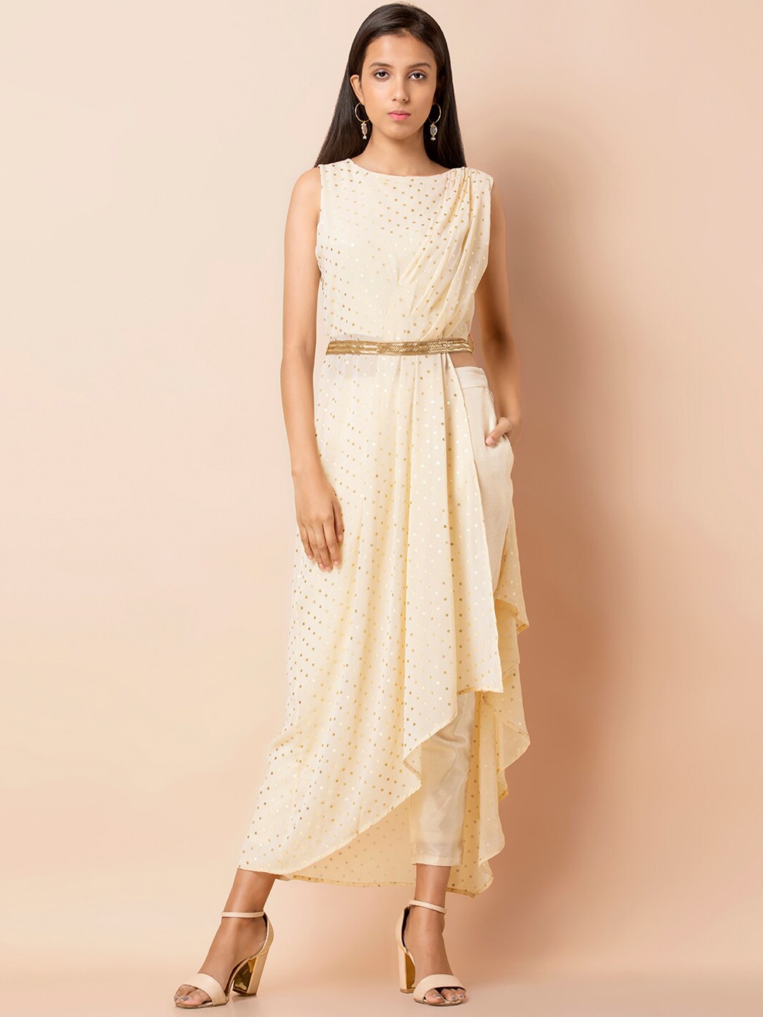 

INDYA Ivory Foil Asymmetric Slit Tunic, Cream