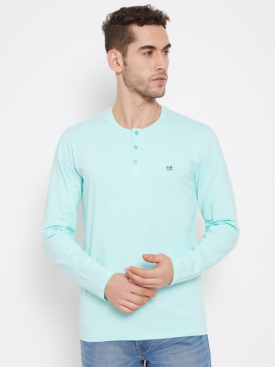 

Okane Men Turquoise Blue Solid Henley Neck T-shirt