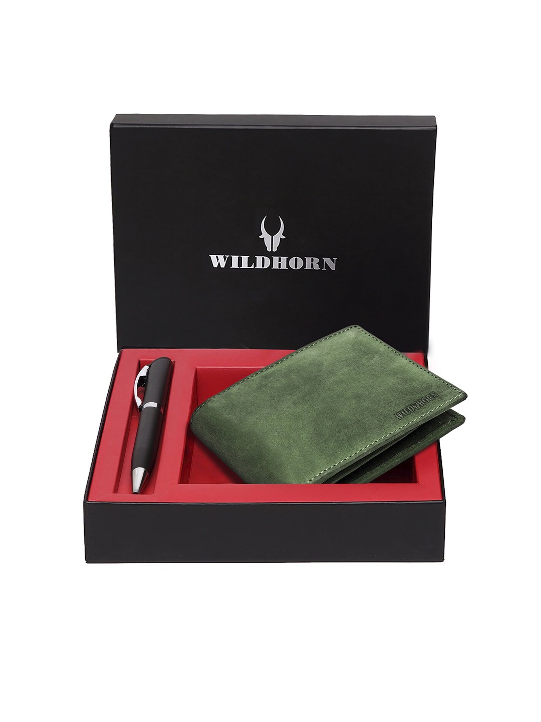 WildHorn Men Green & Black RFID Protected Genuine Leather Wallet & Pen Accessory Gift Set