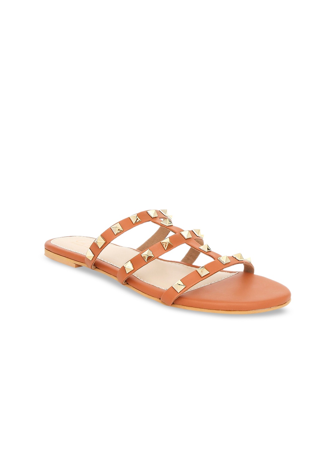 

CAI Women Tan Brown Embellished PU Open Toe Flats