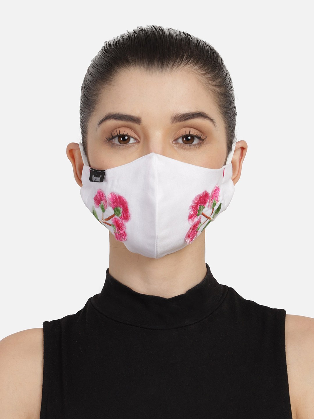 

Anekaant Women 3-Ply White & Pink Cotton Floral Embroidered Cloth Mask