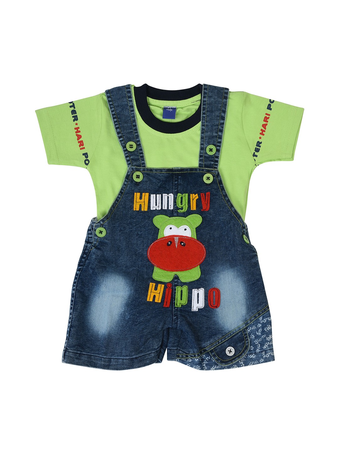 

BORN WEAR Unisex Kids Green & Navy Blue Printed T-shirt with Shorts