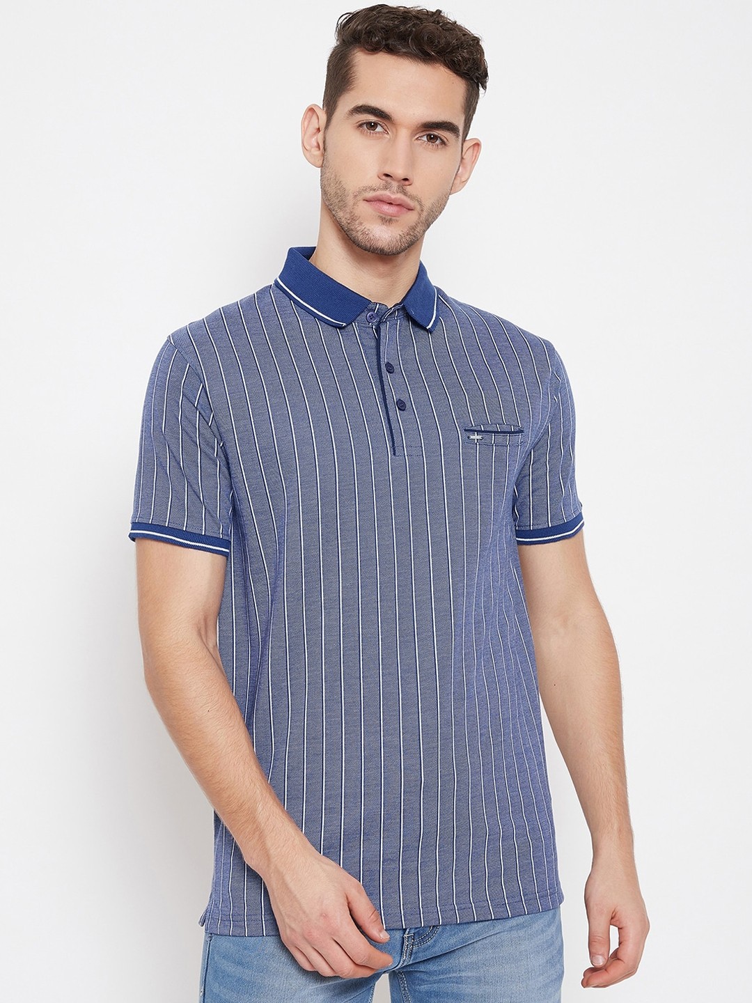

Okane Men Navy Blue Striped Polo Collar T-shirt