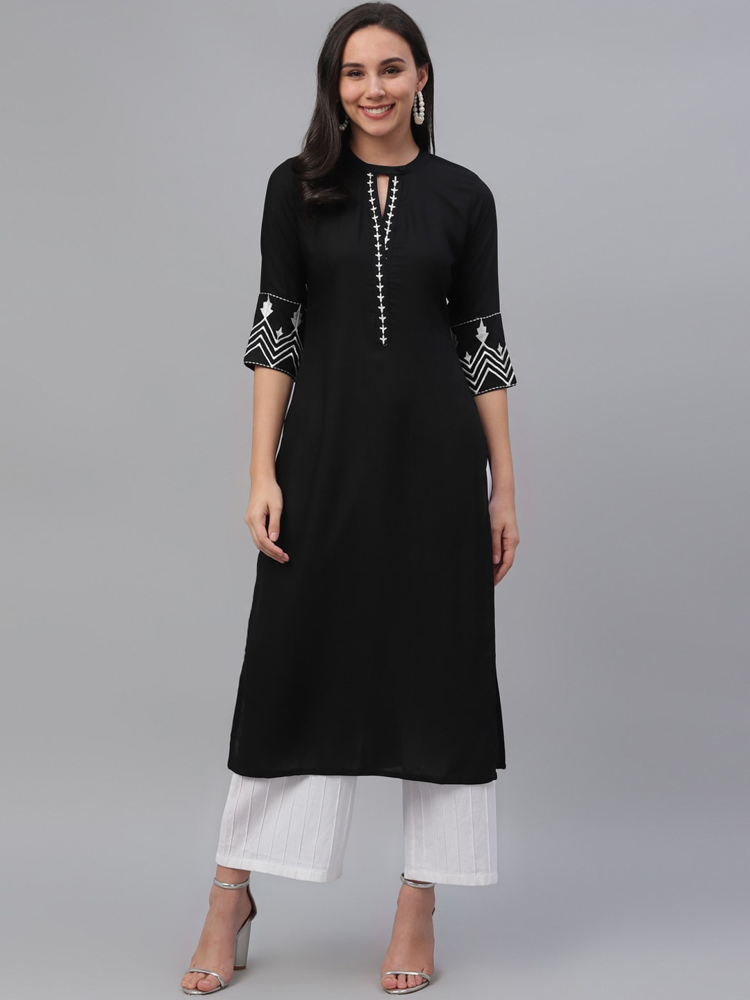 Libas Women Black & Off-White Embroidered Straight Kurta