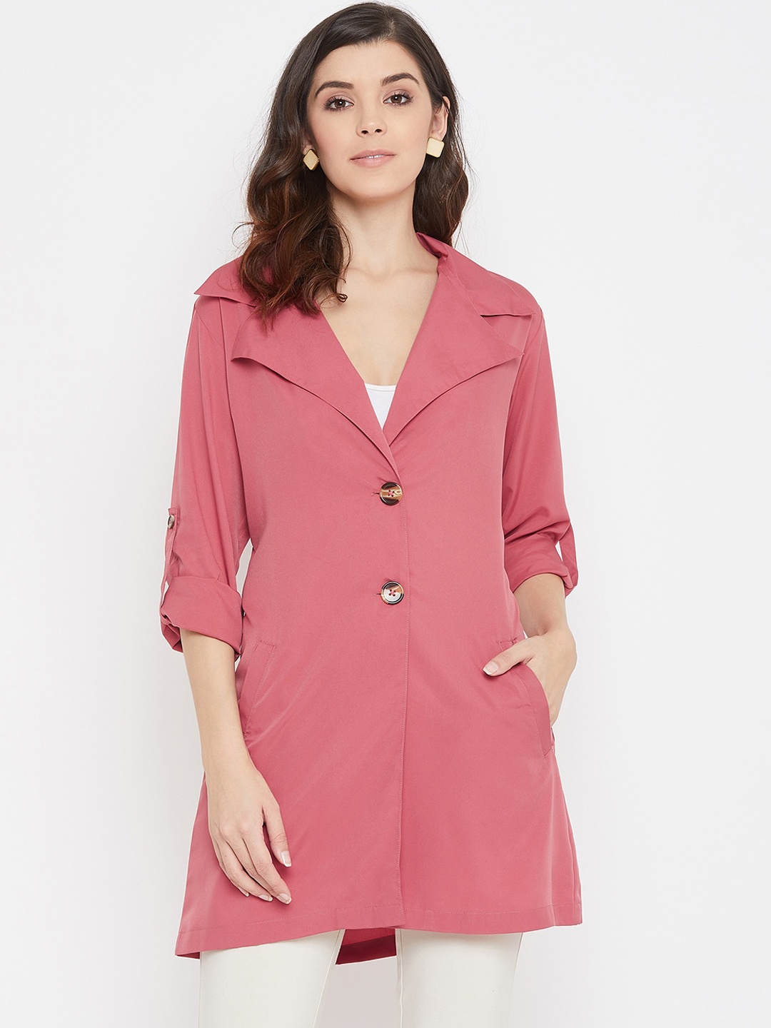 

Color Cocktail Women Rose Solid Trench Coat