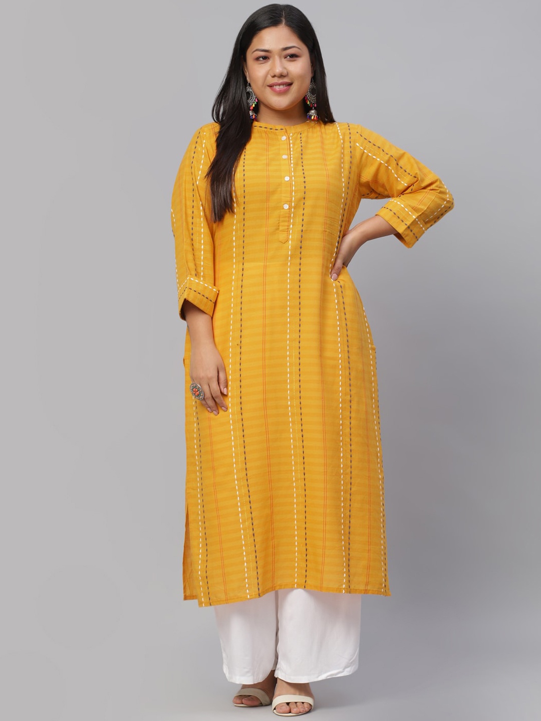 

EXTRA LOVE BY LIBAS Plus Size Women Yellow & White Striped Kantha Work Kurta