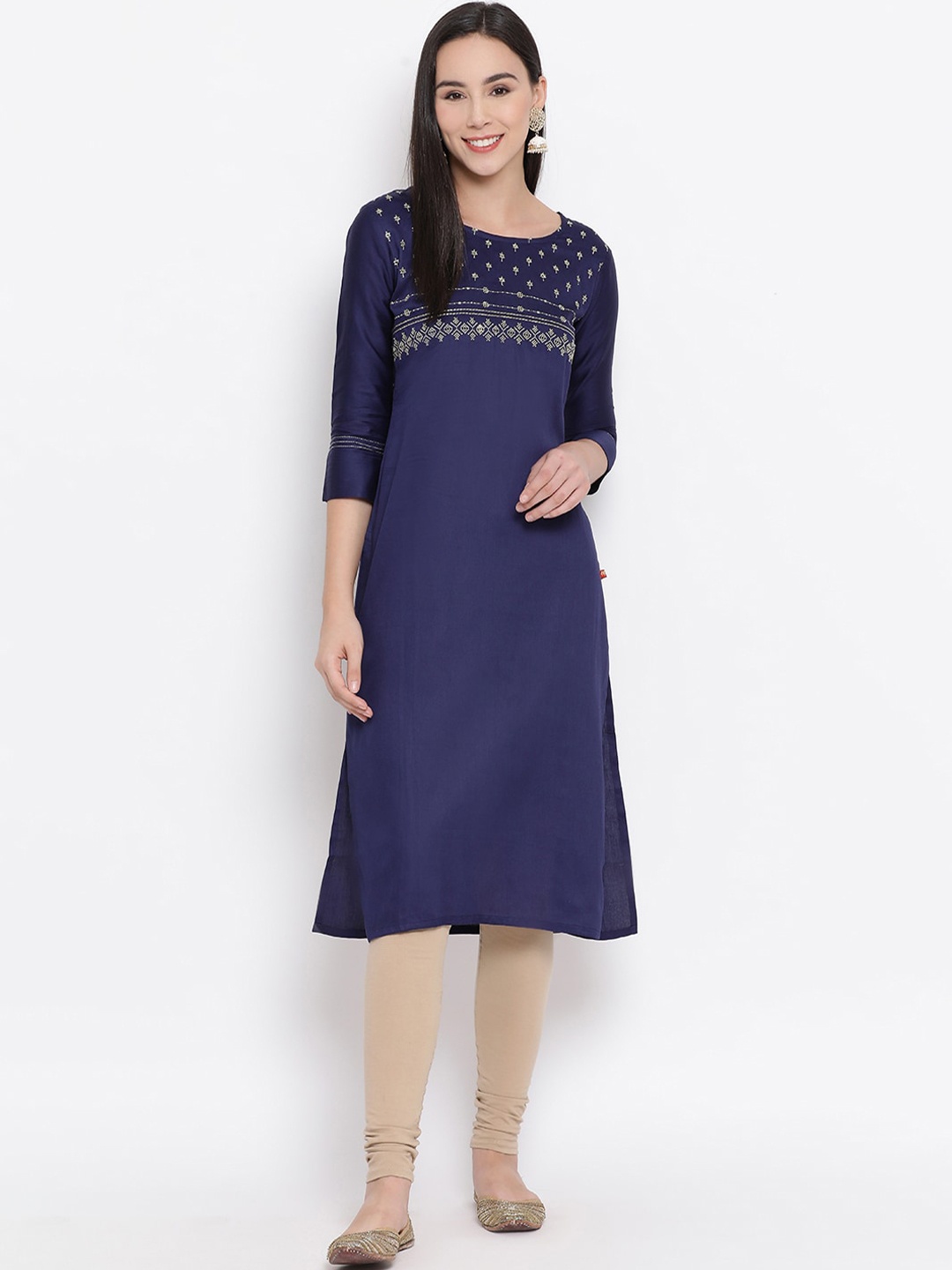 

Span Women Navy Blue Yoke Design Straight Kurta