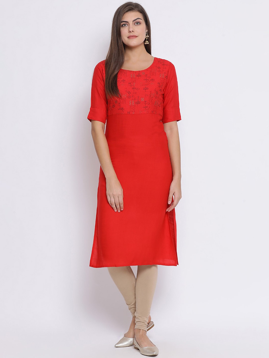 

Span Women Red Yoke Design Straight Kurta