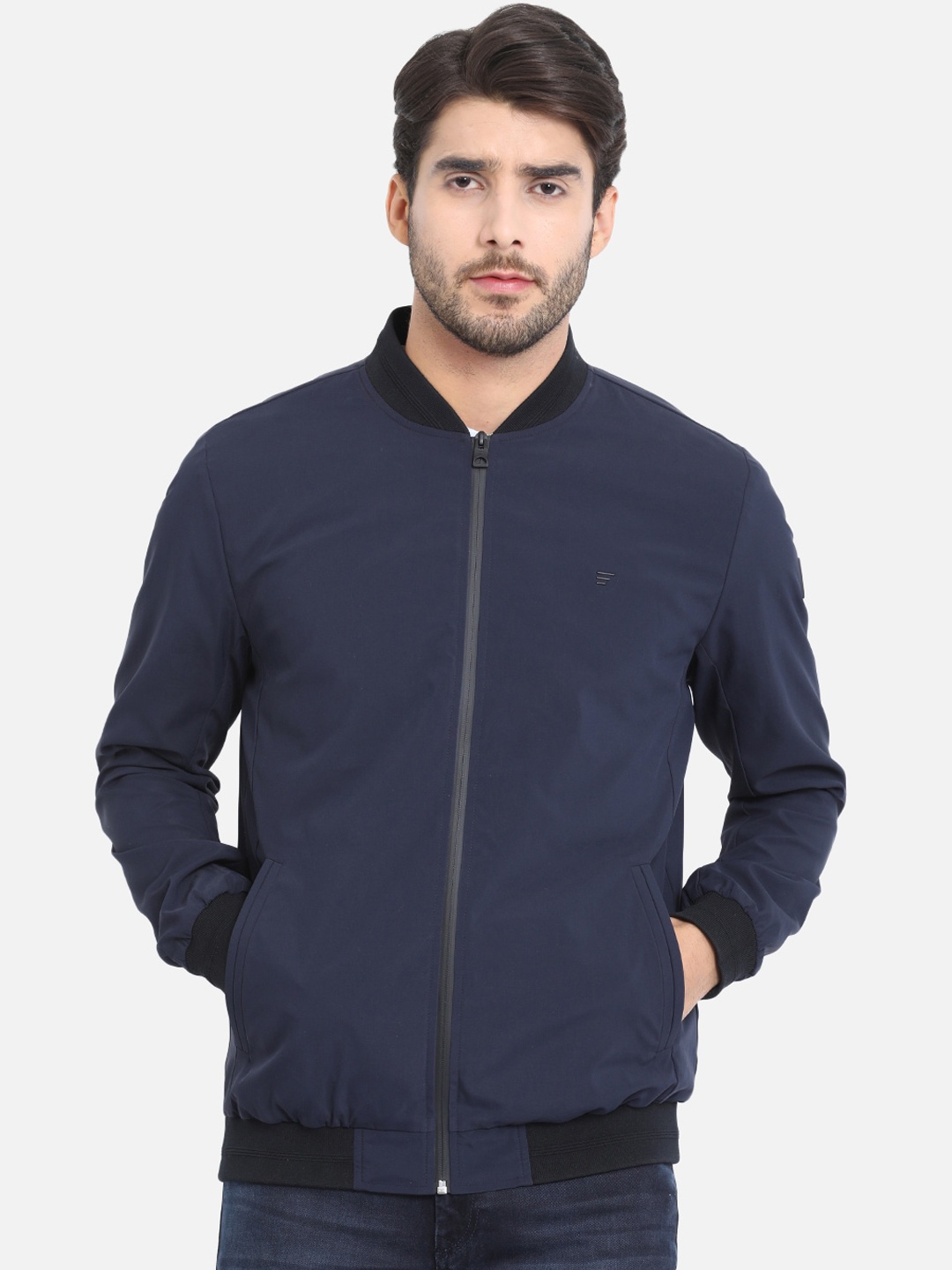 

t-base Men Navy Blue Solid Lightweight Bomber Jacket
