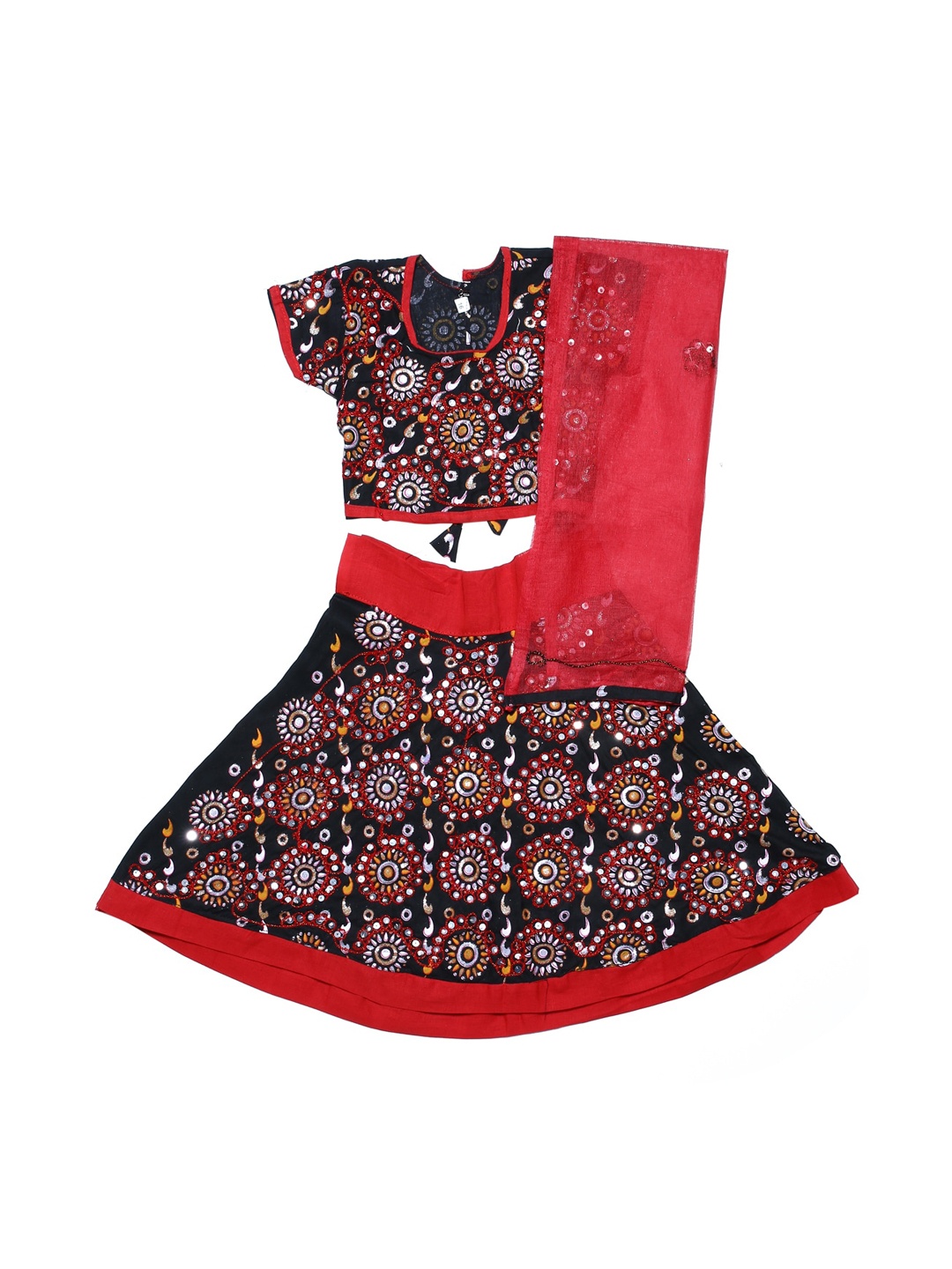 

YK Girls Black & Red Mirror Embellished Ready to Wear Lehenga & Blouse with Dupatta