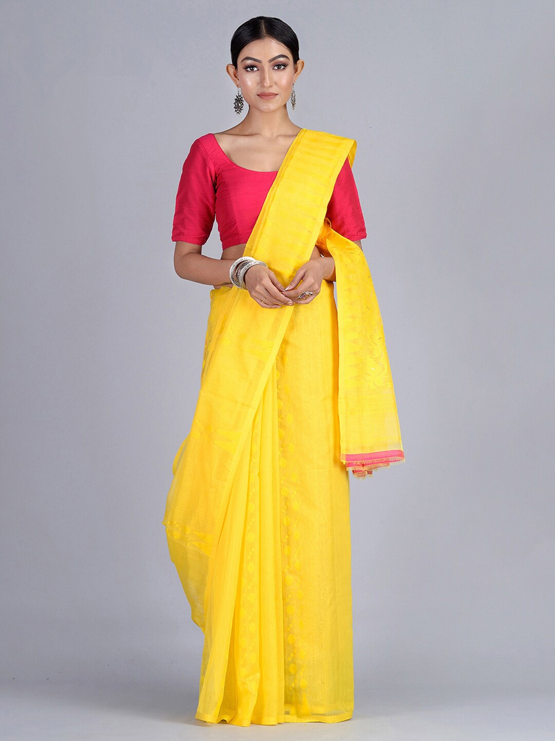 

Mitera Yellow & Gold-Coloured Silk Cotton Woven Design Handloom Jamdani Saree