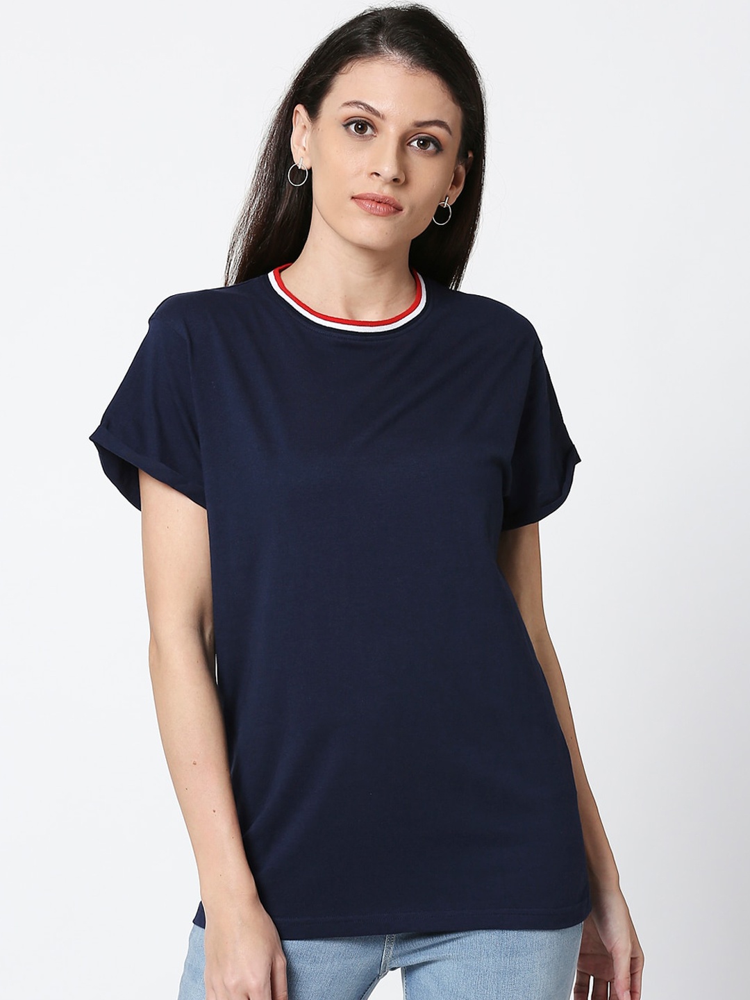

Bewakoof Women Navy Blue Solid Round Neck Boyfriend Pure Cotton T-shirt