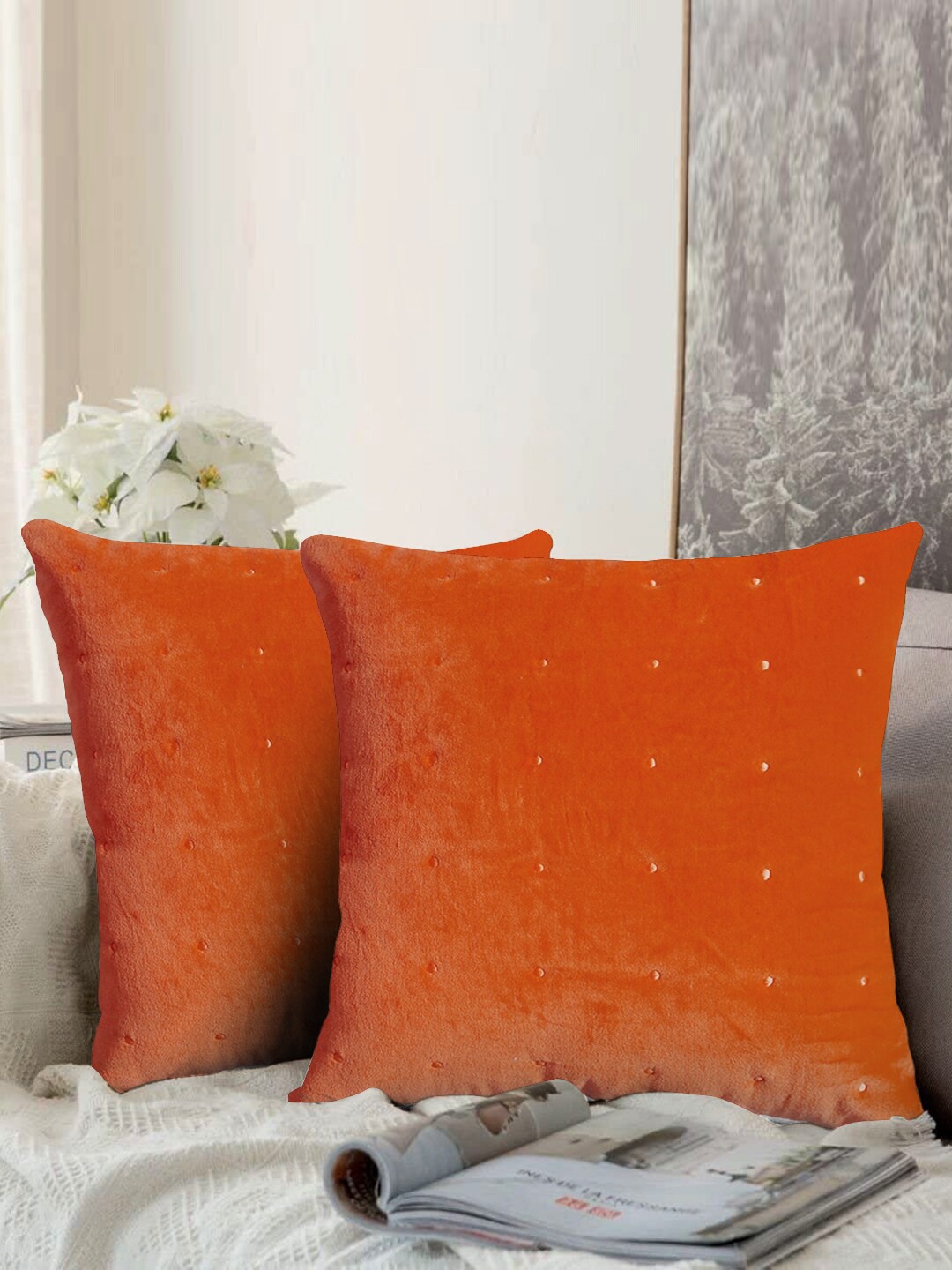 

aRDENMEAD Rust Orange Set of 2 Embroidered Velvet Square Cushion Covers