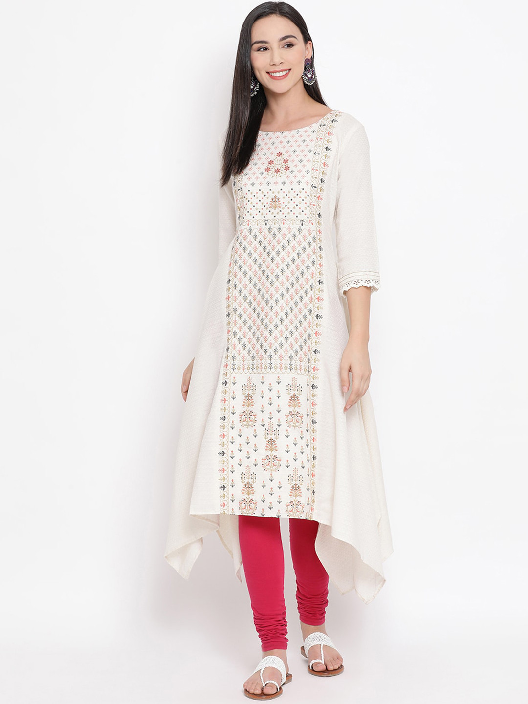 

Span Women White & Red Embroidered A-Line Kurta