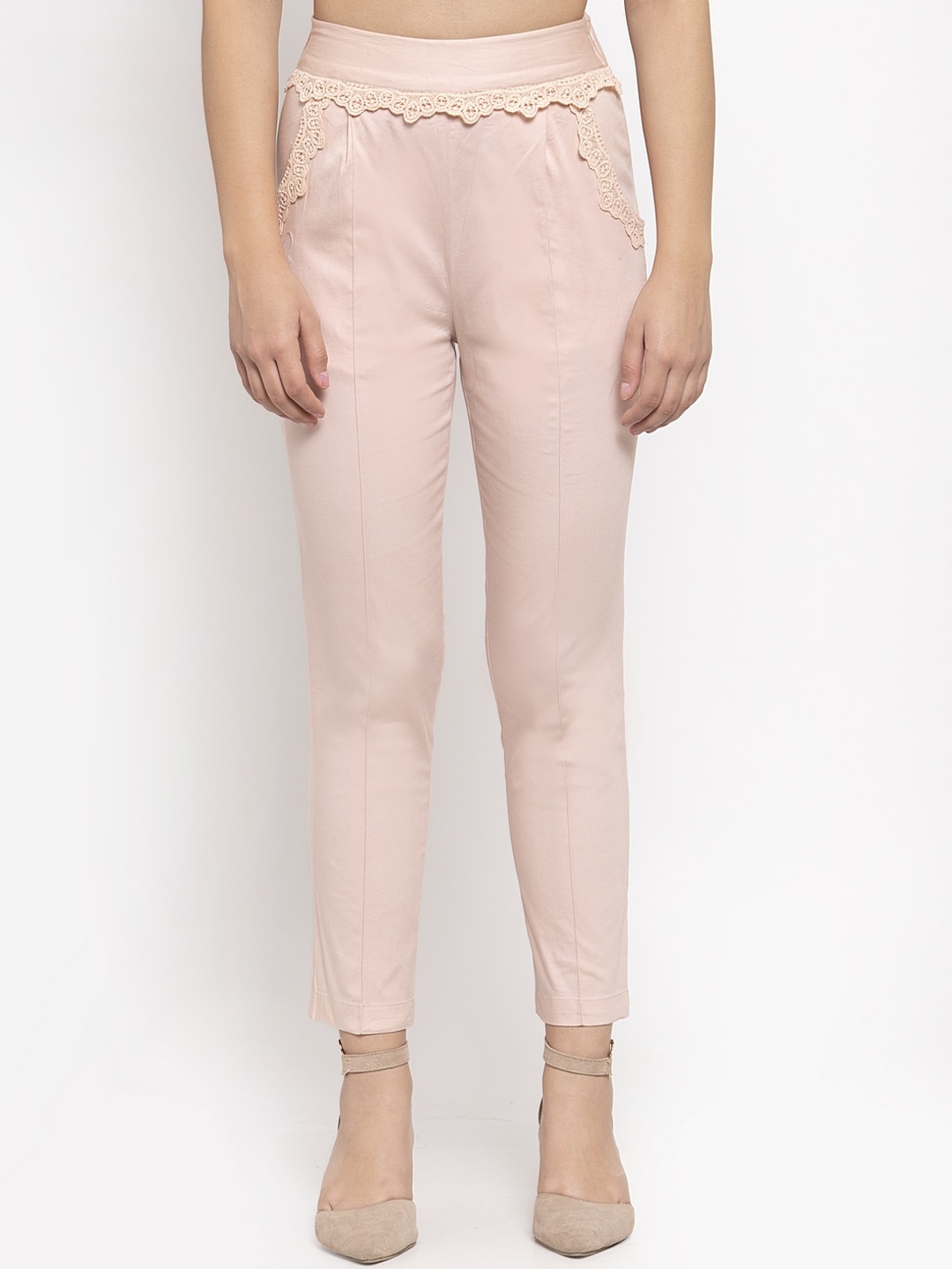 KASSUALLY Women Peach-Coloured Solid Regular Trousers