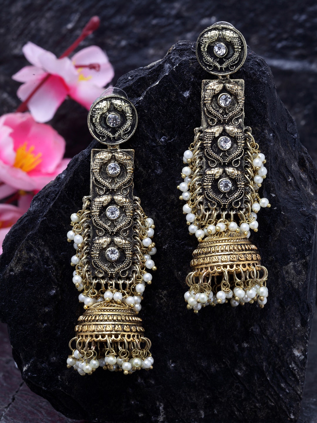 

Moedbuille Gold-Plated & Silver-Toned Dome Shaped Oxidised Chandelier Handcrafted Jhumkas
