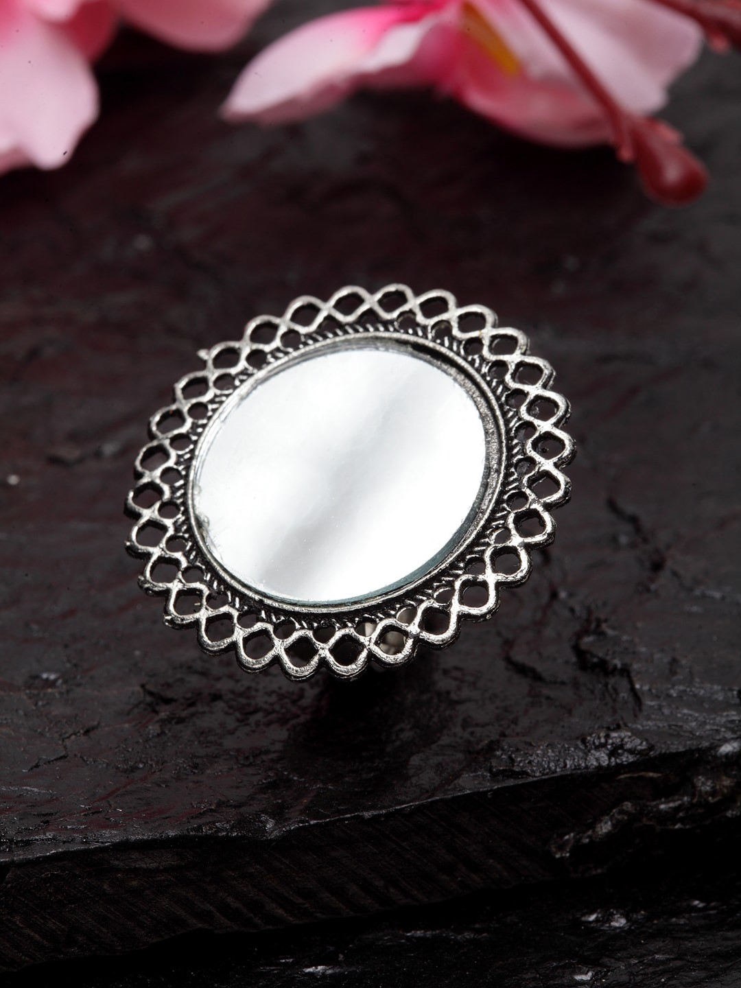 

Moedbuille Oxidised Brass-Plated Silver-Toned Mirror-Studded Handcrafted Tribal Adjustable Finger Ring