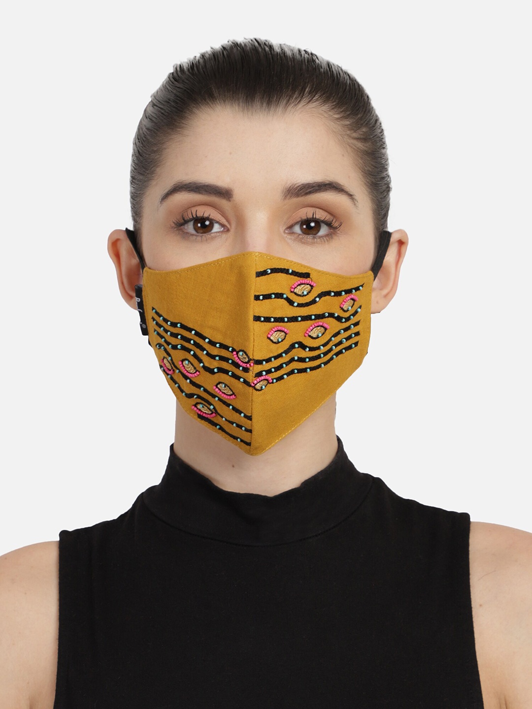 

Anekaant Women Embroidered 3-Ply Reusable Cloth Masks, Mustard