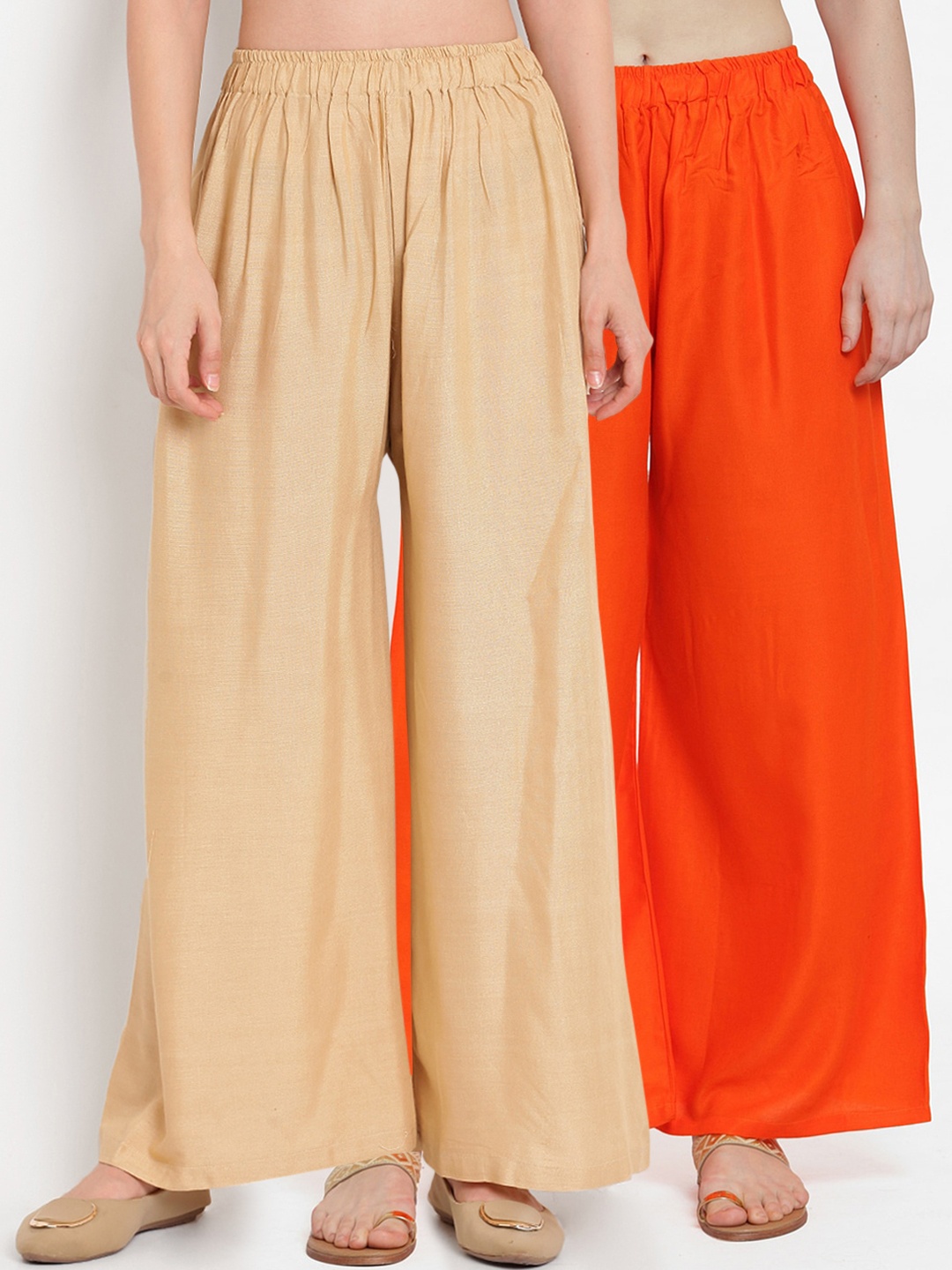 

TAG 7 Women Pack of 2 Orange & Beige Solid Flared Palazzos