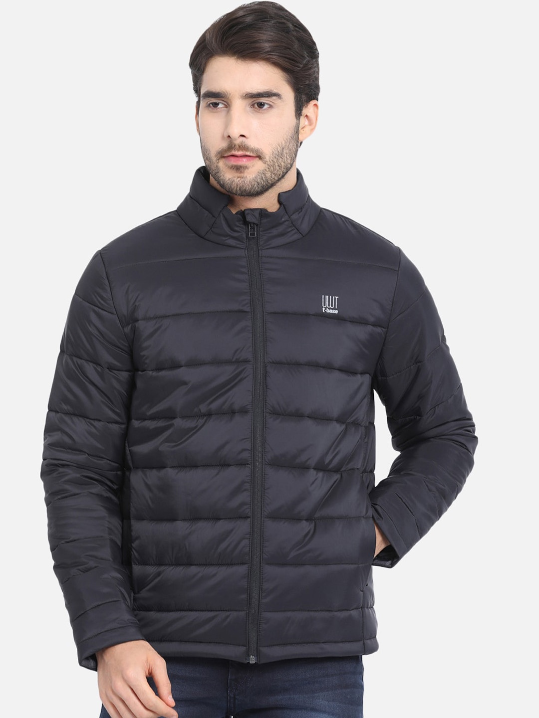 t-base Men Black Solid Lightweight Quilted Jacket