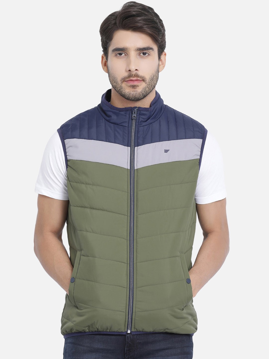 

t-base Men Olive Green & Grey Colourblocked Lightweight Padded Jacket