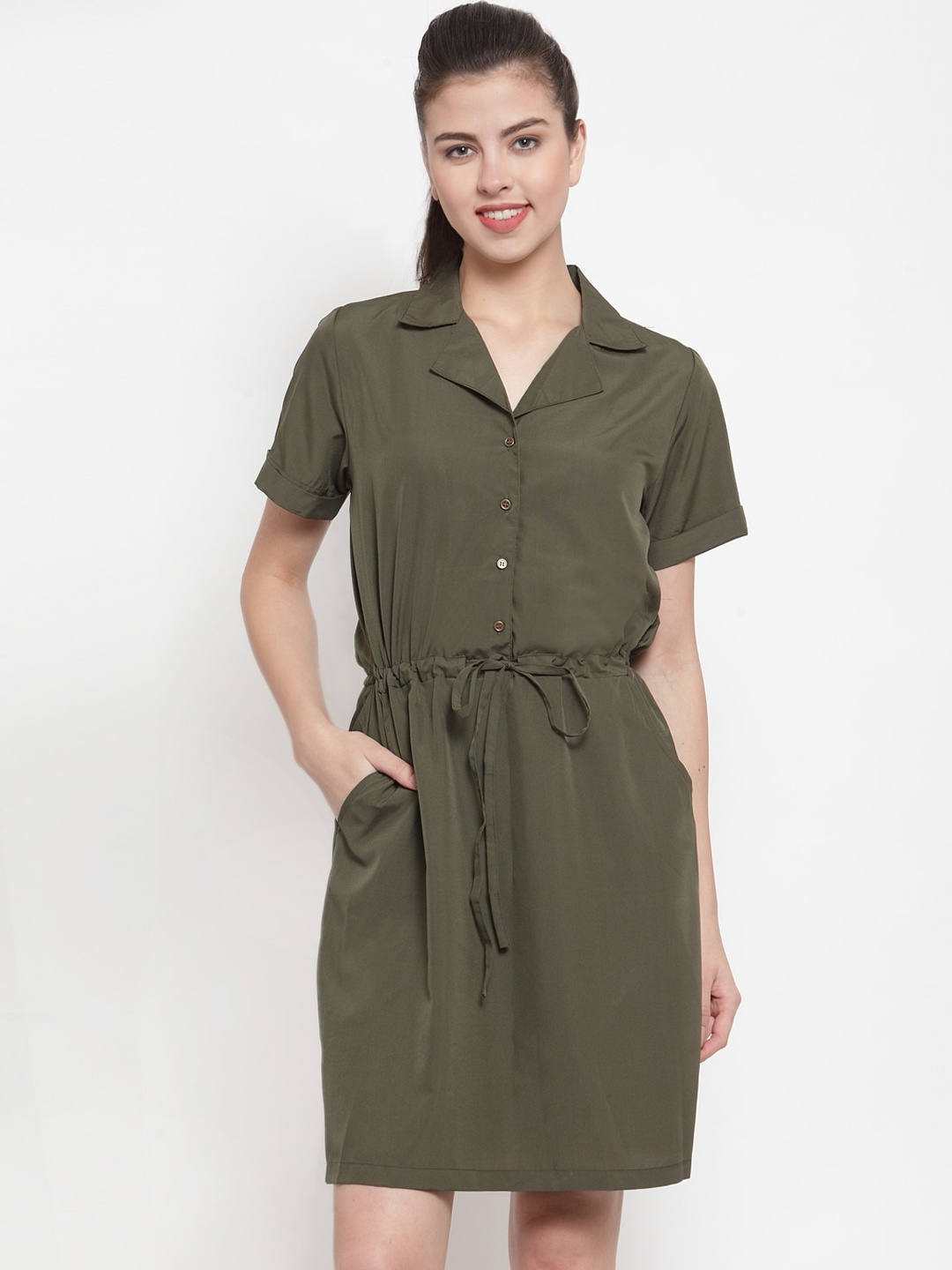 

Color Cocktail Women Olive Green Solid Fit and Flare Dress