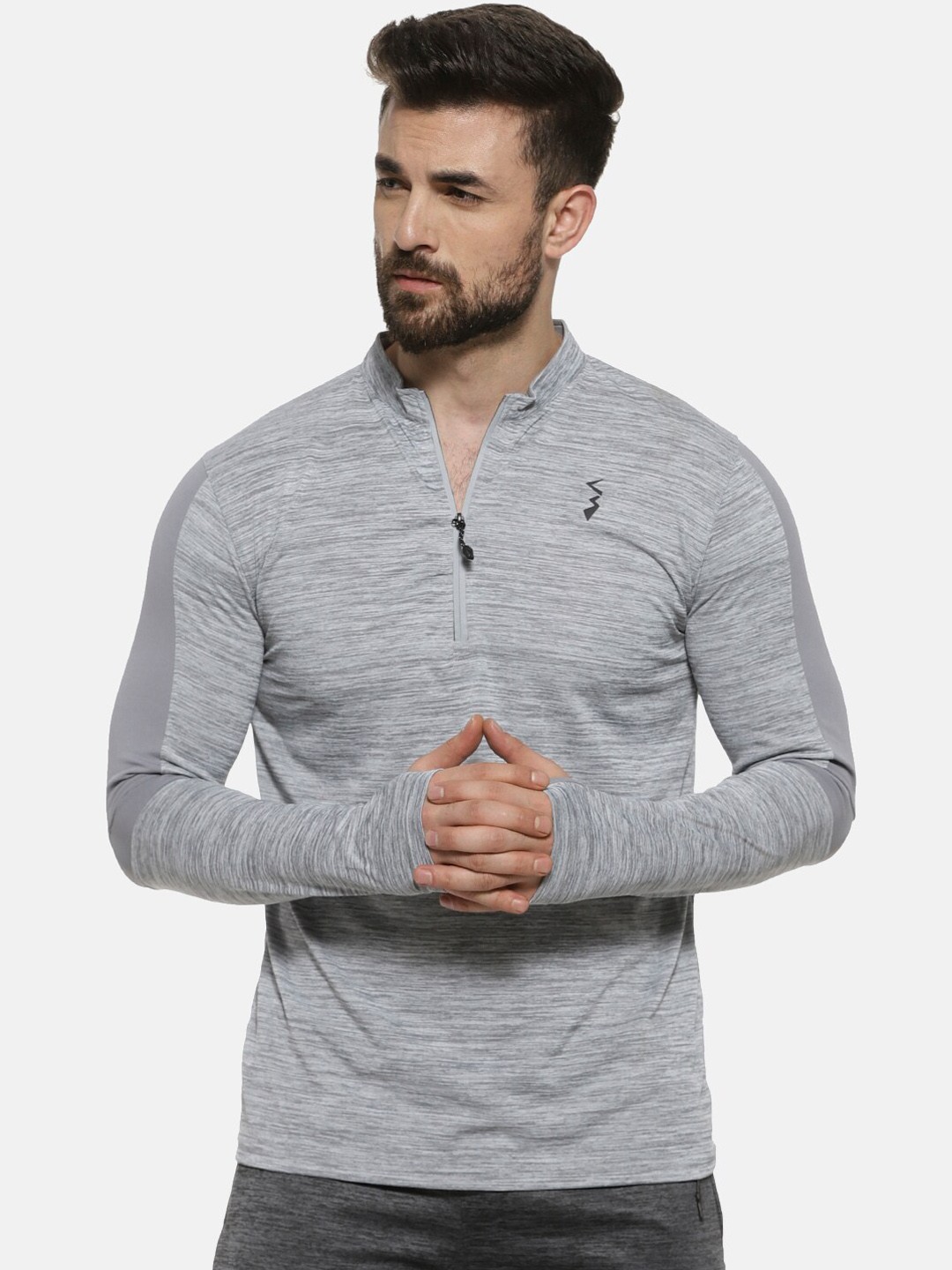 

Campus Sutra Men Grey Solid Mandarin Collar T-shirt
