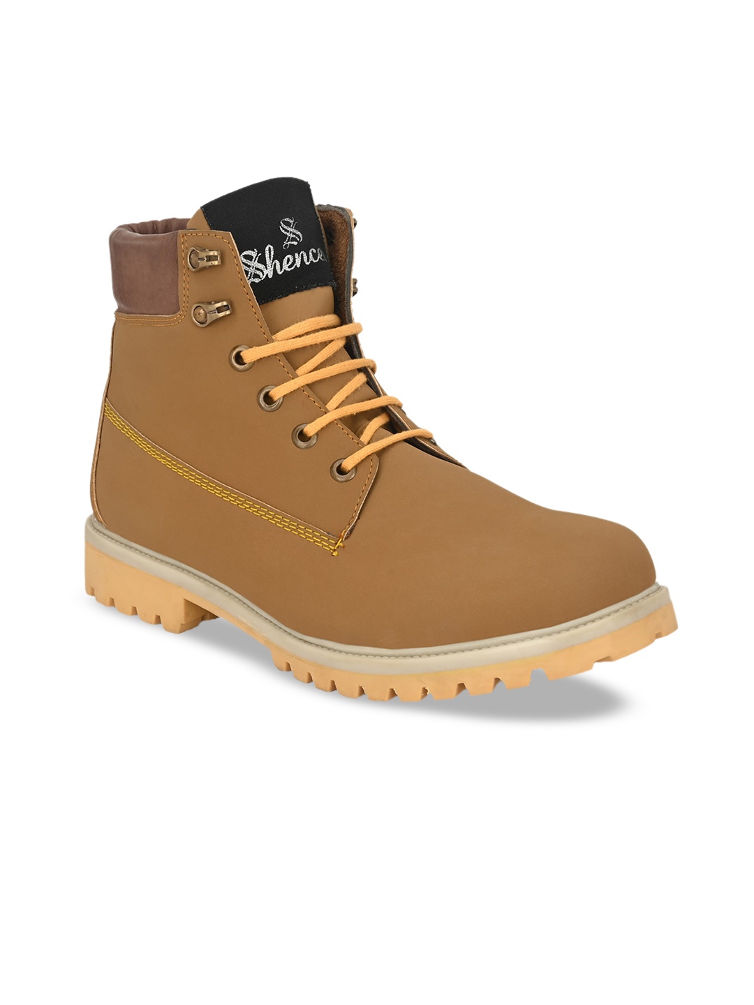 

SHENCES Men Khaki Solid Synthetic Leather High-Top Flat Boots