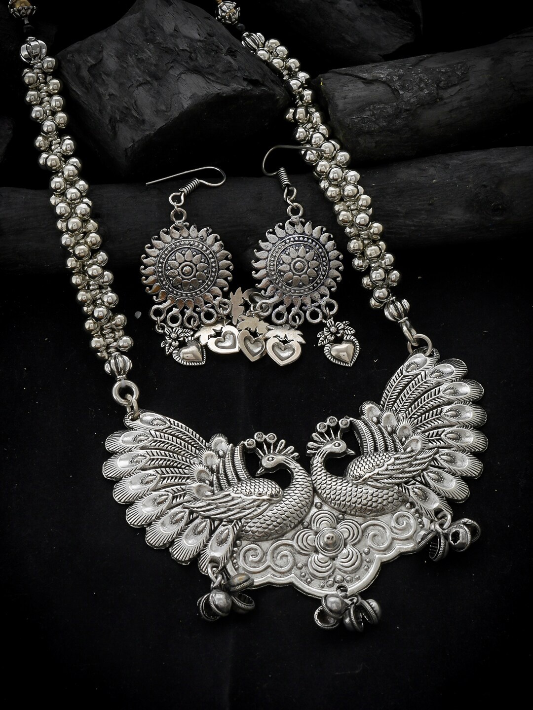 

Silvermerc Designs Silver-Plated Peacock-Shaped Oxidised Jewellery Set