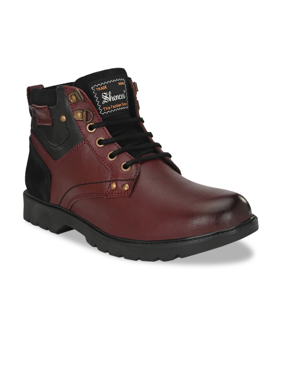 

SHENCES Men Brown Colourblocked Leather Mid-Top Flat Boots