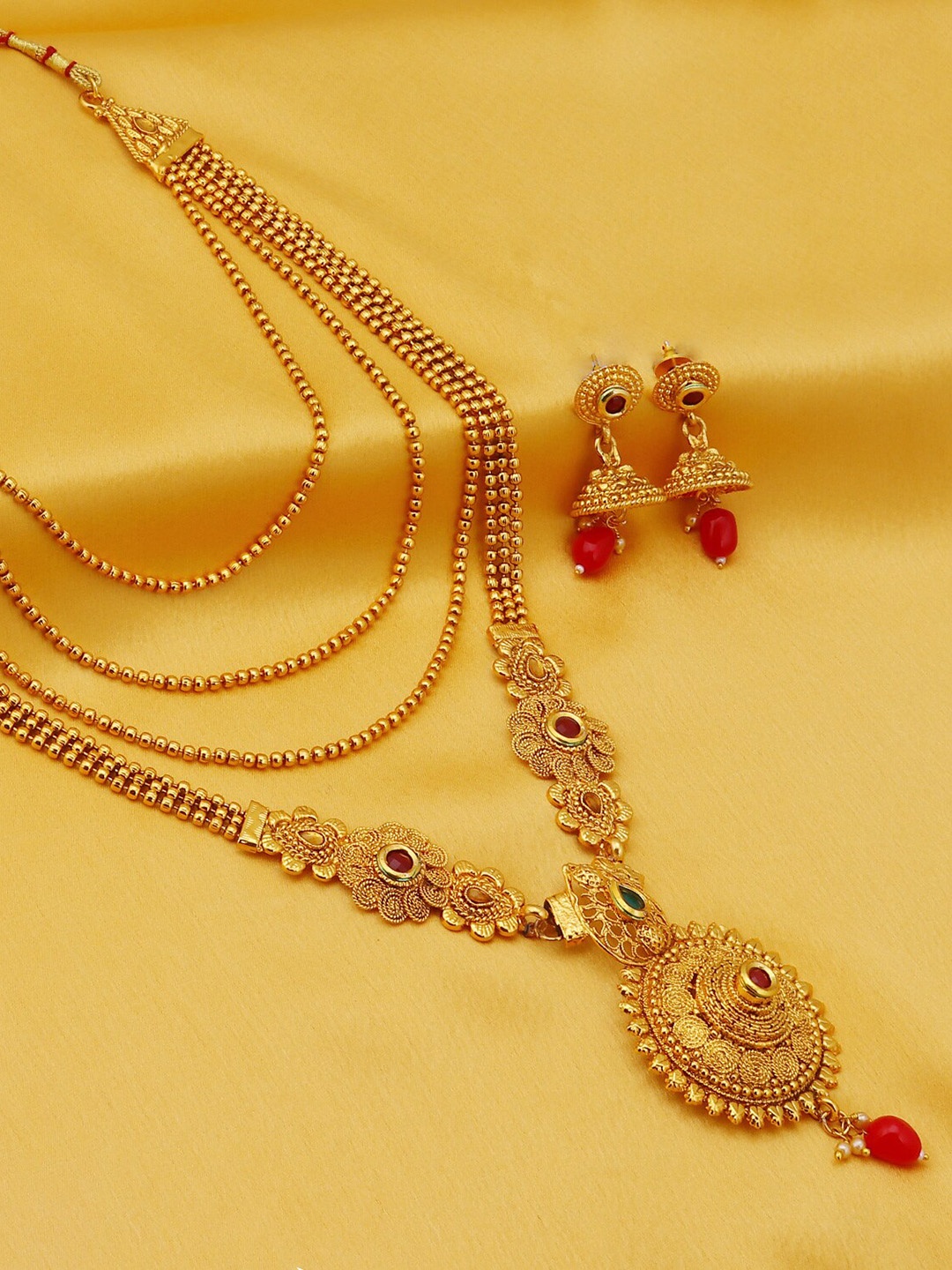 

Sukkhi Gold-Plated Red & Green Stone-Studded Beaded Antique Layered Jewellery Set