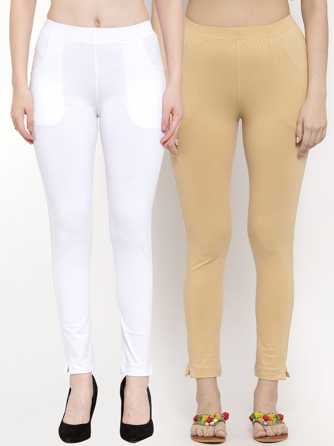 

TAG 7 Women Pack Of 2 Solid Ankle-Length Leggings, Beige