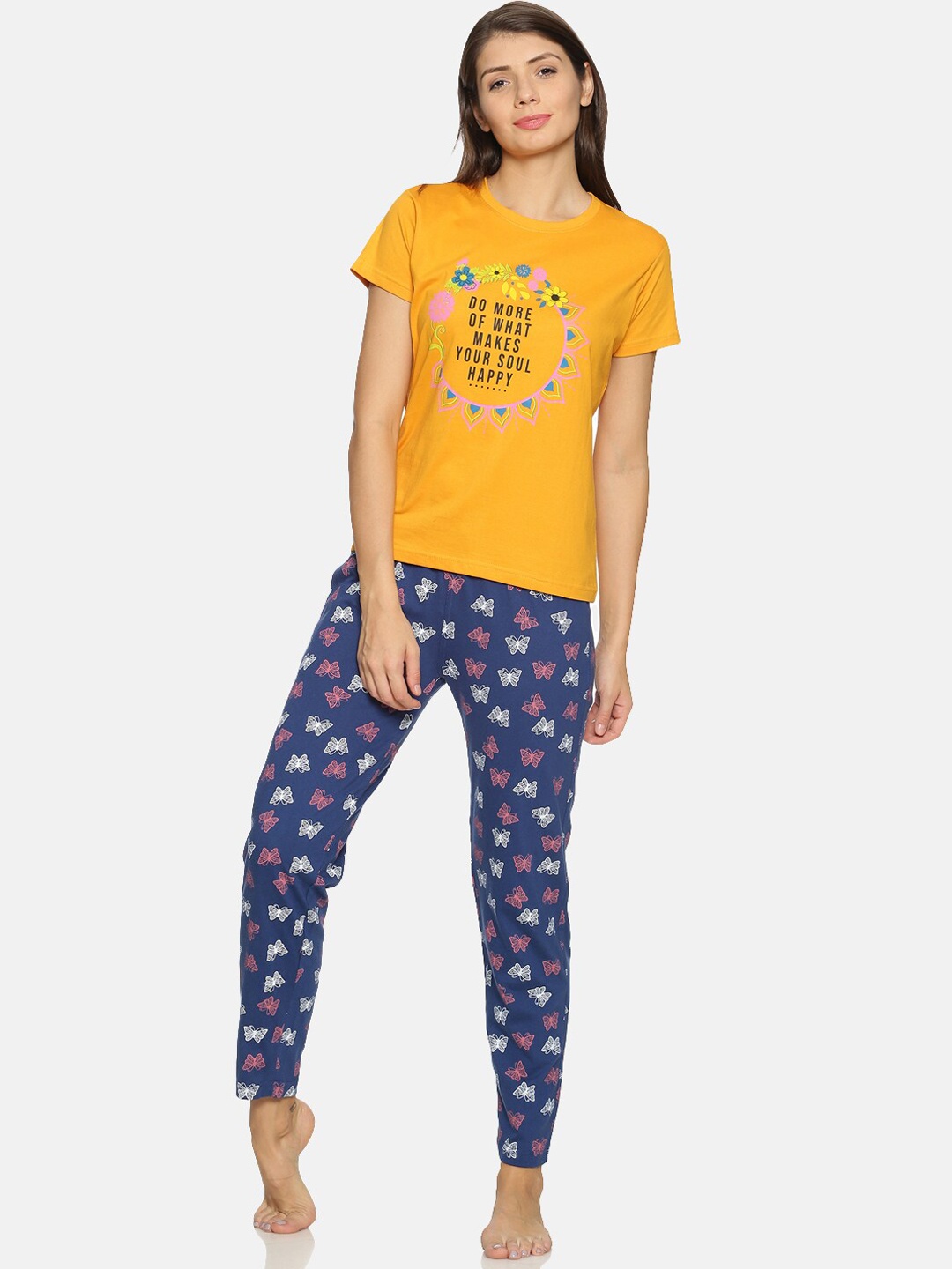 

Kryptic Women Mustard Yellow & Navy Blue Printed Night suit