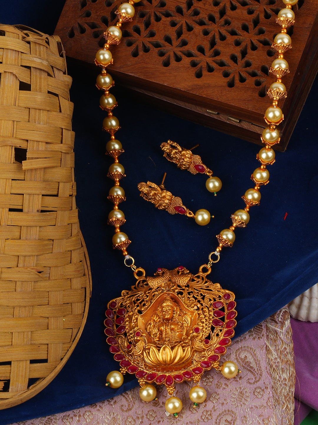

ANIKAS CREATION Gold-Plated Off-White & Maroon Stone-Studded Beaded Temple Sustainable Jewellery Set