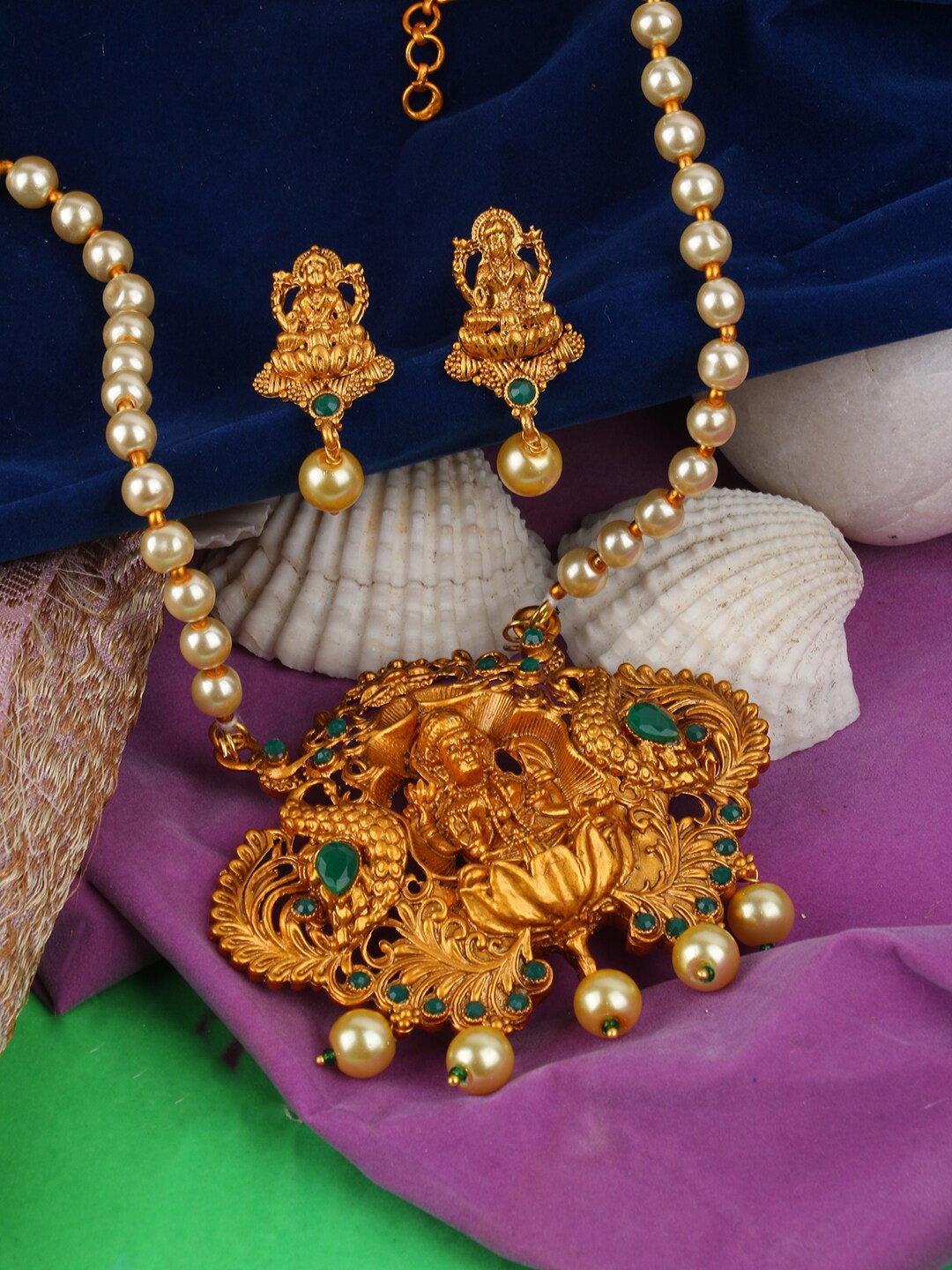 

ANIKAS CREATION Green & Gold-Plated Temple Jewellery Set