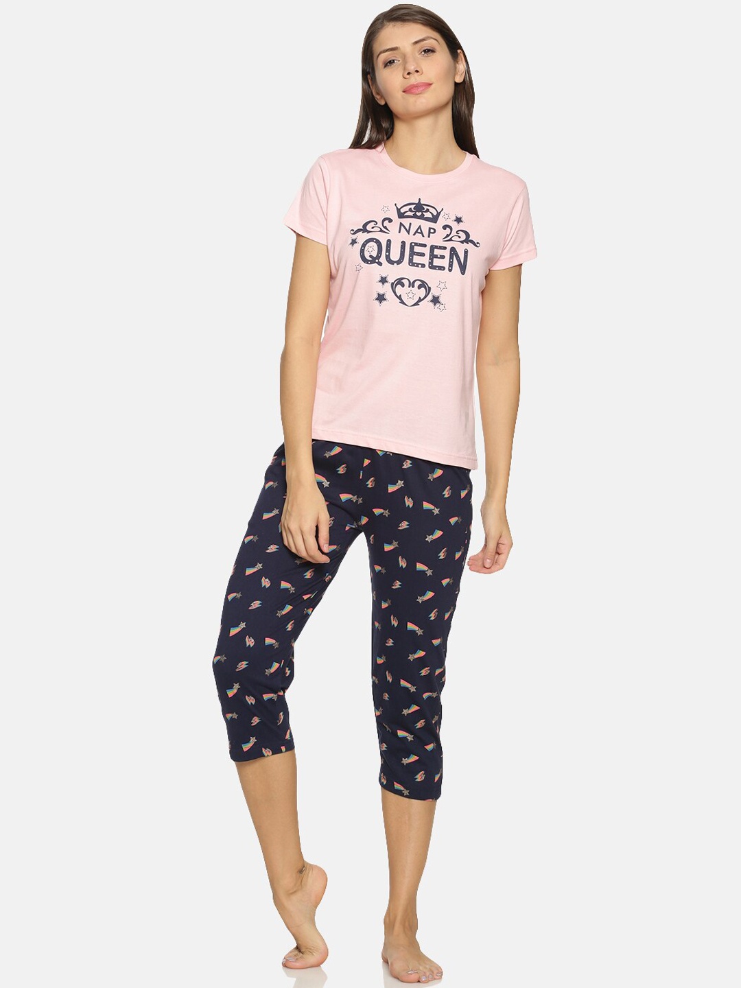 

Kryptic Women Pink & Navy Blue Printed Night suit