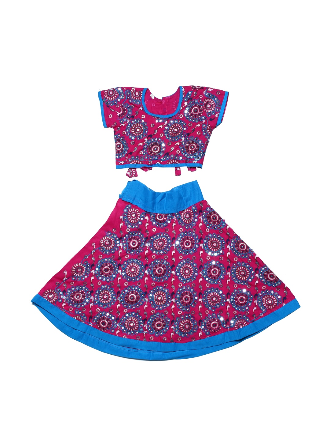 

YK Girls Pink & Blue Embroidered Ready to Wear Lehenga & Blouse with Dupatta