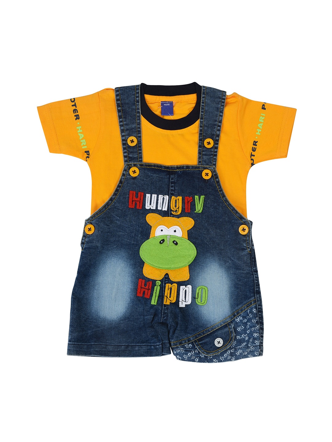 

BORN WEAR Kids Mustard Yellow & Navy Blue Printed T-shirt with Dungarees