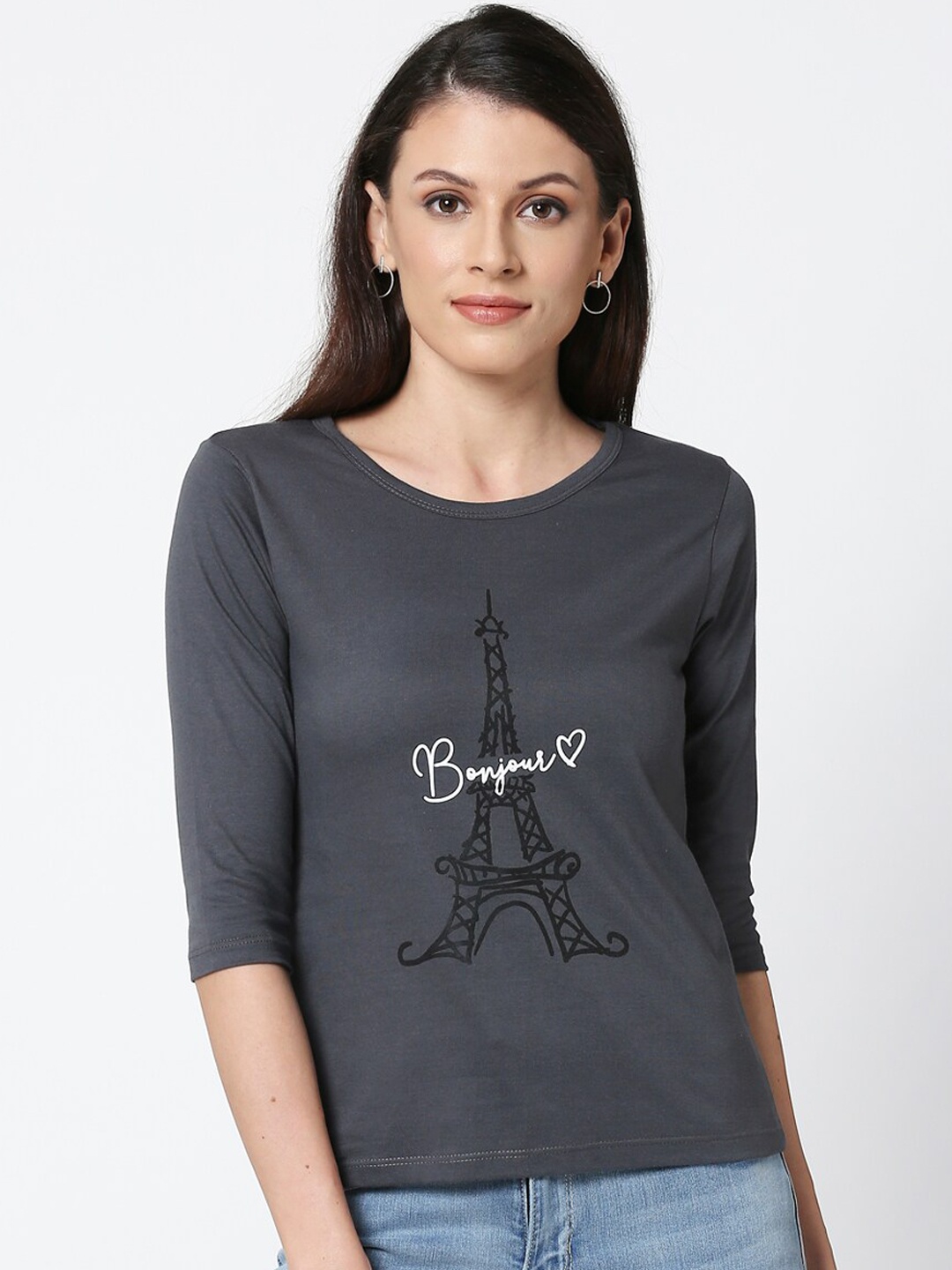 

Bewakoof Women Grey Printed Round Neck Pure Cotton T-shirt