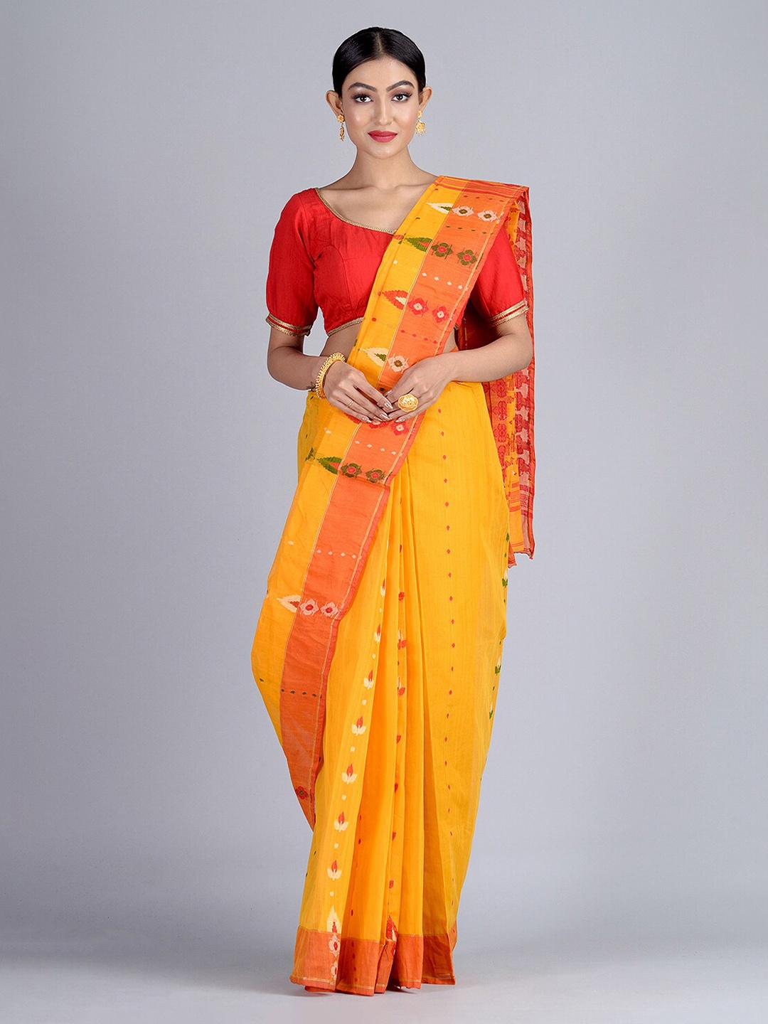 

Mitera Yellow & Orange Bengal Cotton Dhakai Saree