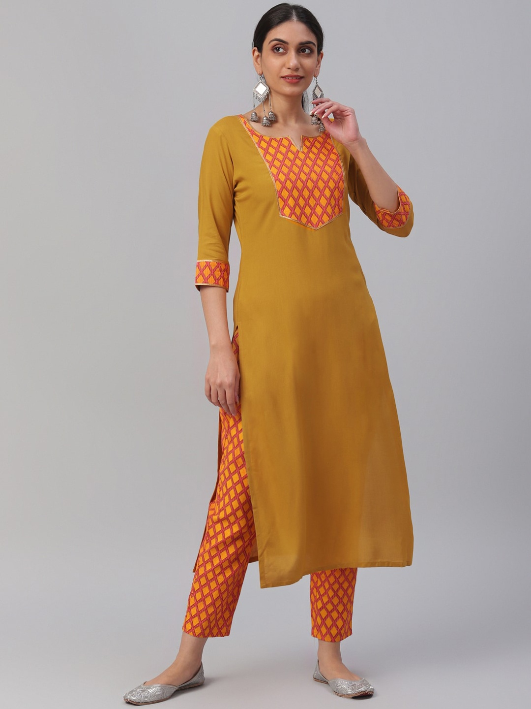 

Libas Women Mustard Yellow & Orange Printed Kurta with Trousers