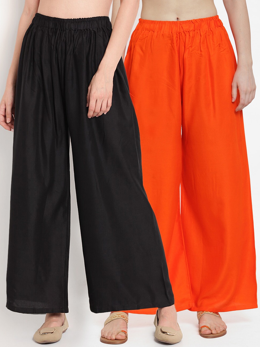 

TAG 7 Women Set Of 2 Orange & Black Solid Wide Leg Palazzos