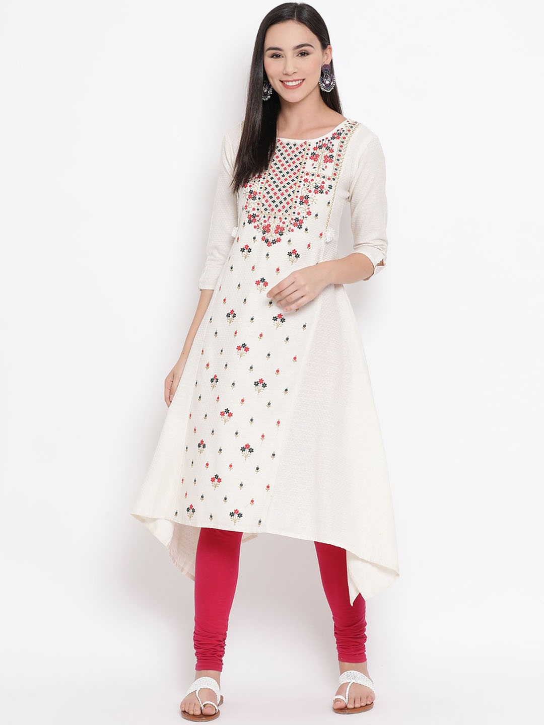Span Women White & Red Embroidered A-Line Kurta