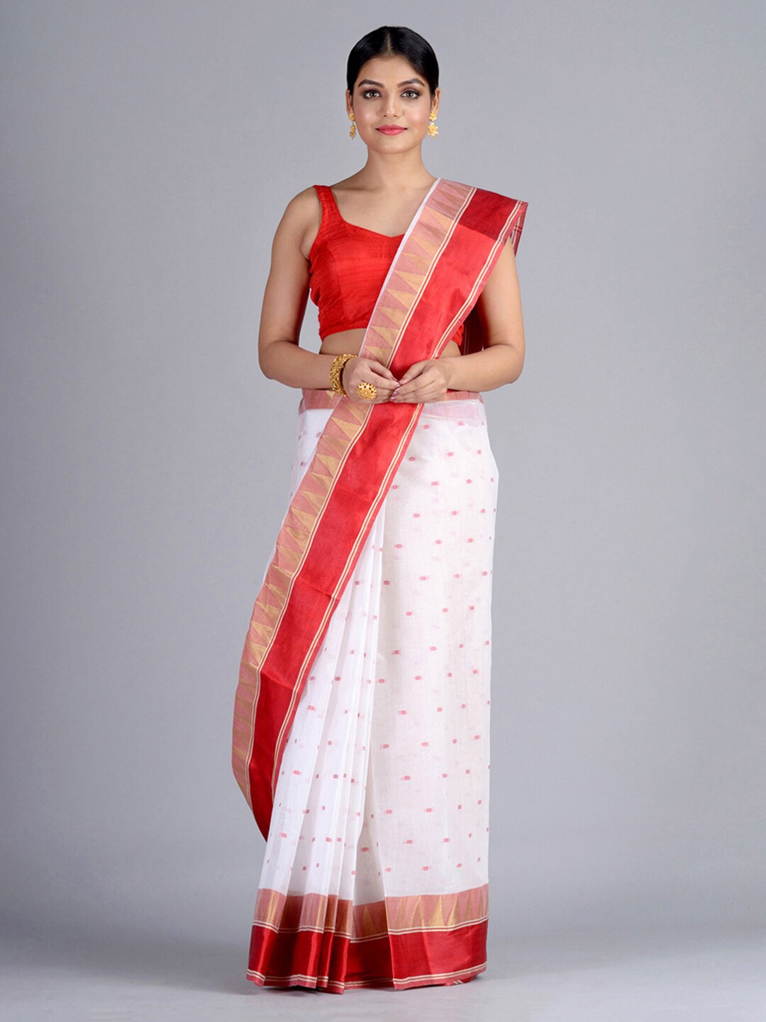 

Mitera White & Red Pure Cotton Woven Design Taant Saree