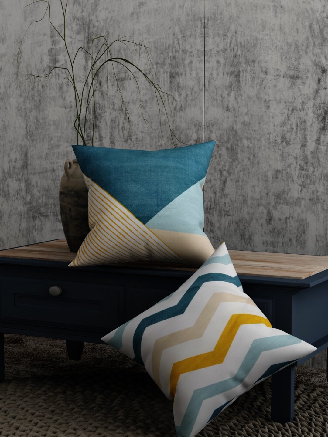 

EverHOME Blue & Off White 2 Pieces Velvet Striped Square Cushion Covers