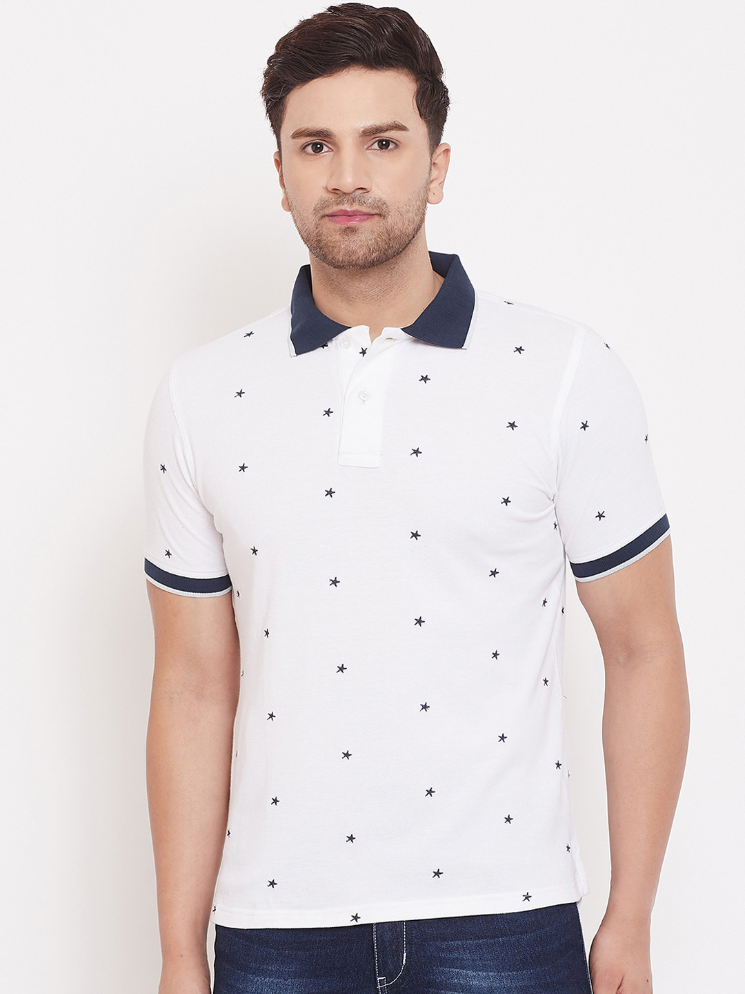 

JUMP USA Men White & Navy Blue Enbroidered Polo Collar Slim Fit T-shirt