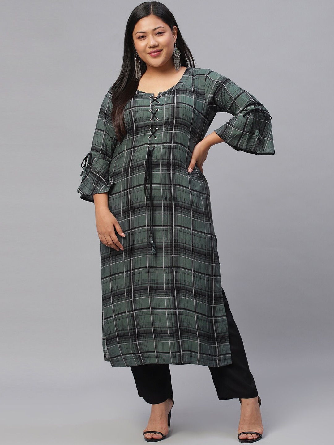 

EXTRA LOVE BY LIBAS Plus Size Women Green & Black Checked Bell Sleeves Kurta