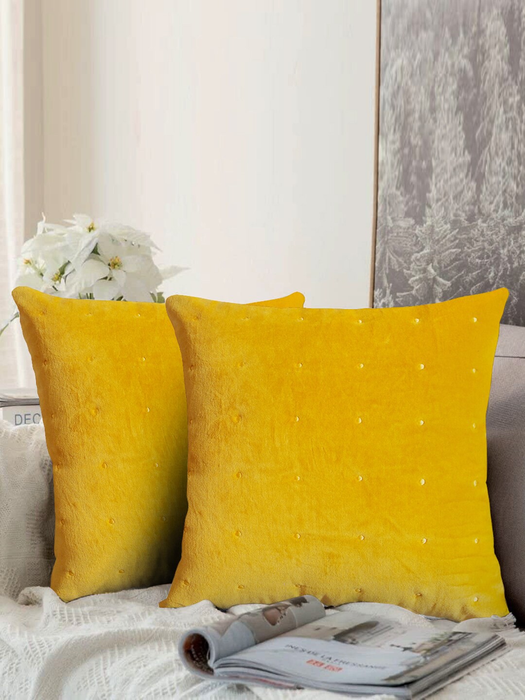 

aRDENMEAD Yellow Set of 2 Embroidered Square Velvet Cushion Covers