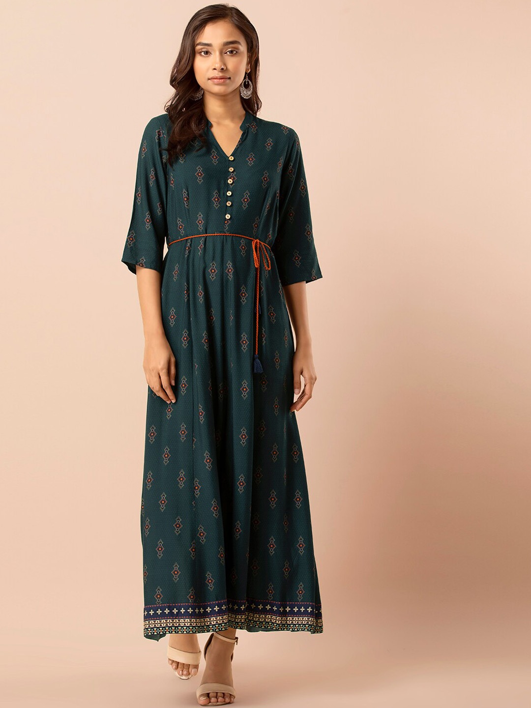 

INDYA Women Green Printed Maxi Dress
