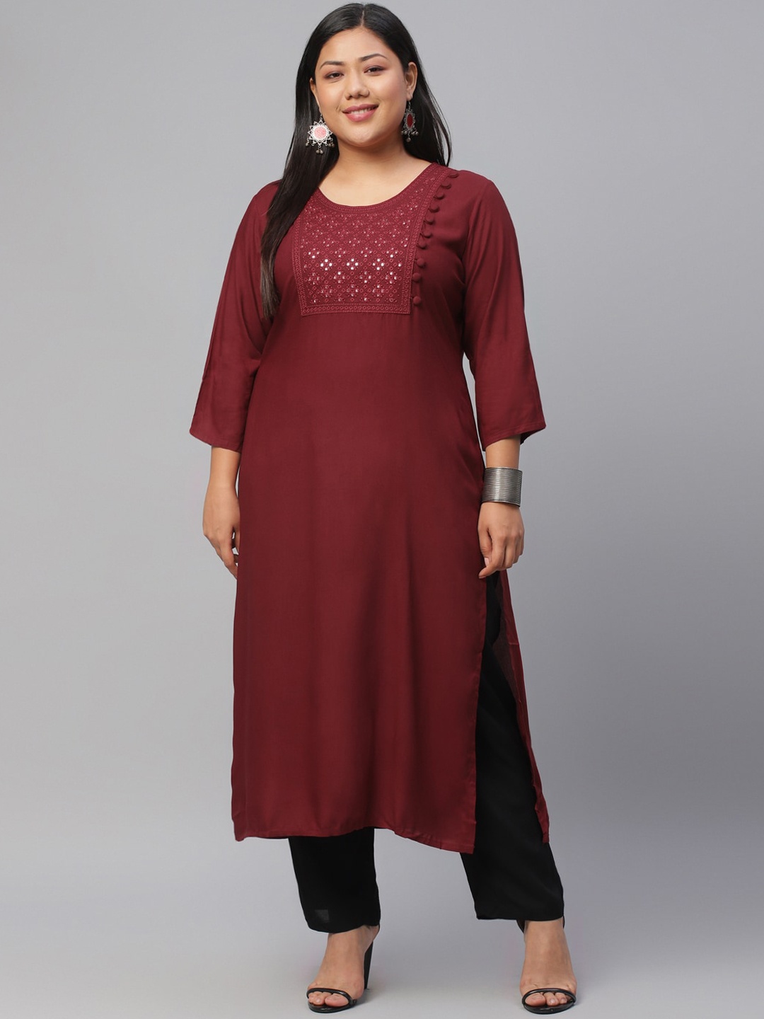 

EXTRA LOVE BY LIBAS Plus Size Women Maroon Ethnic Motifs Yoke Design Mirror Work Kurta